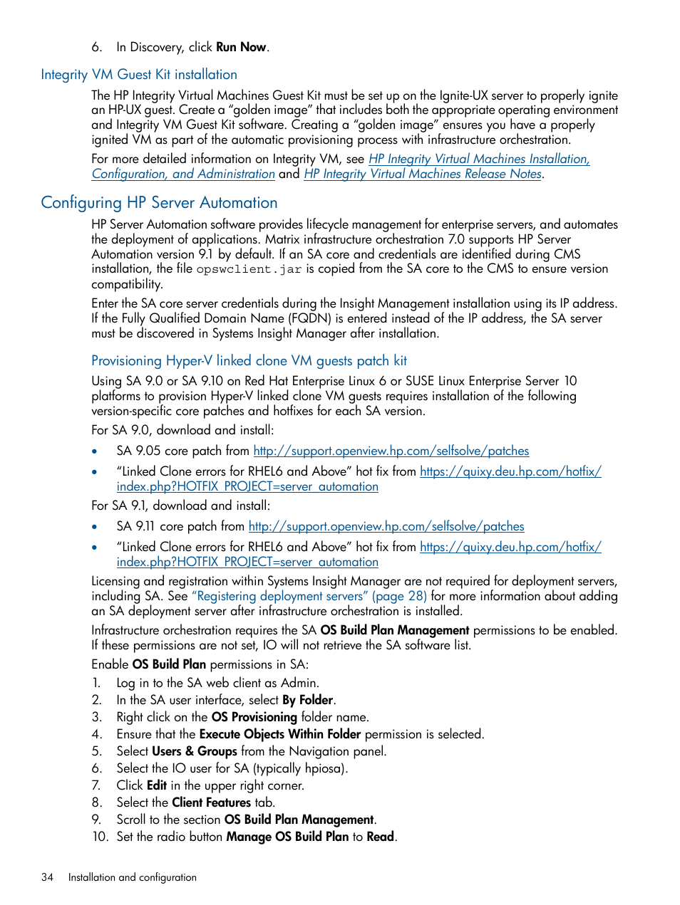 Integrity vm guest kit installation, Configuring hp server automation | HP Matrix Operating Environment Software User Manual | Page 34 / 209