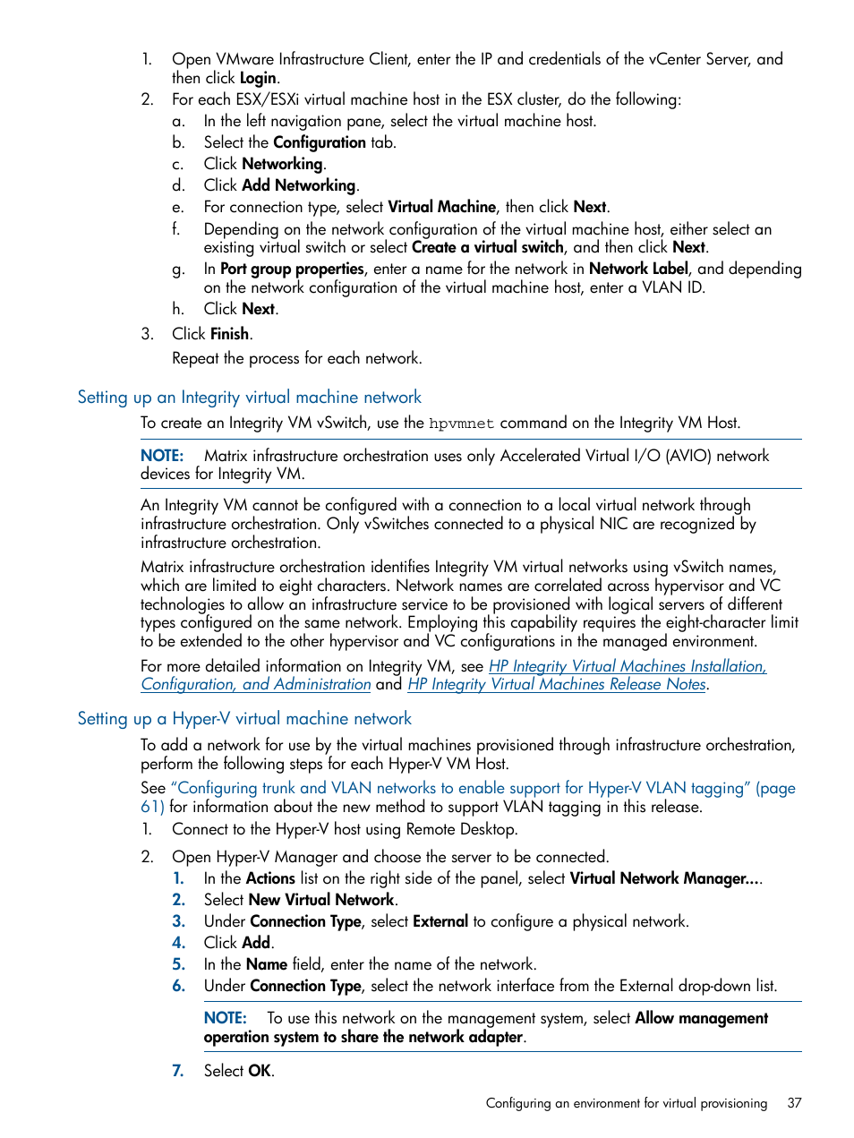 Setting up an integrity virtual machine network, Setting up a hyper-v virtual machine network | HP Matrix Operating Environment Software User Manual | Page 37 / 209