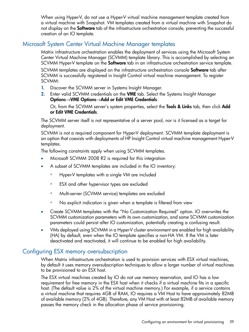 Configuring esx memory oversubscription | HP Matrix Operating Environment Software User Manual | Page 39 / 209