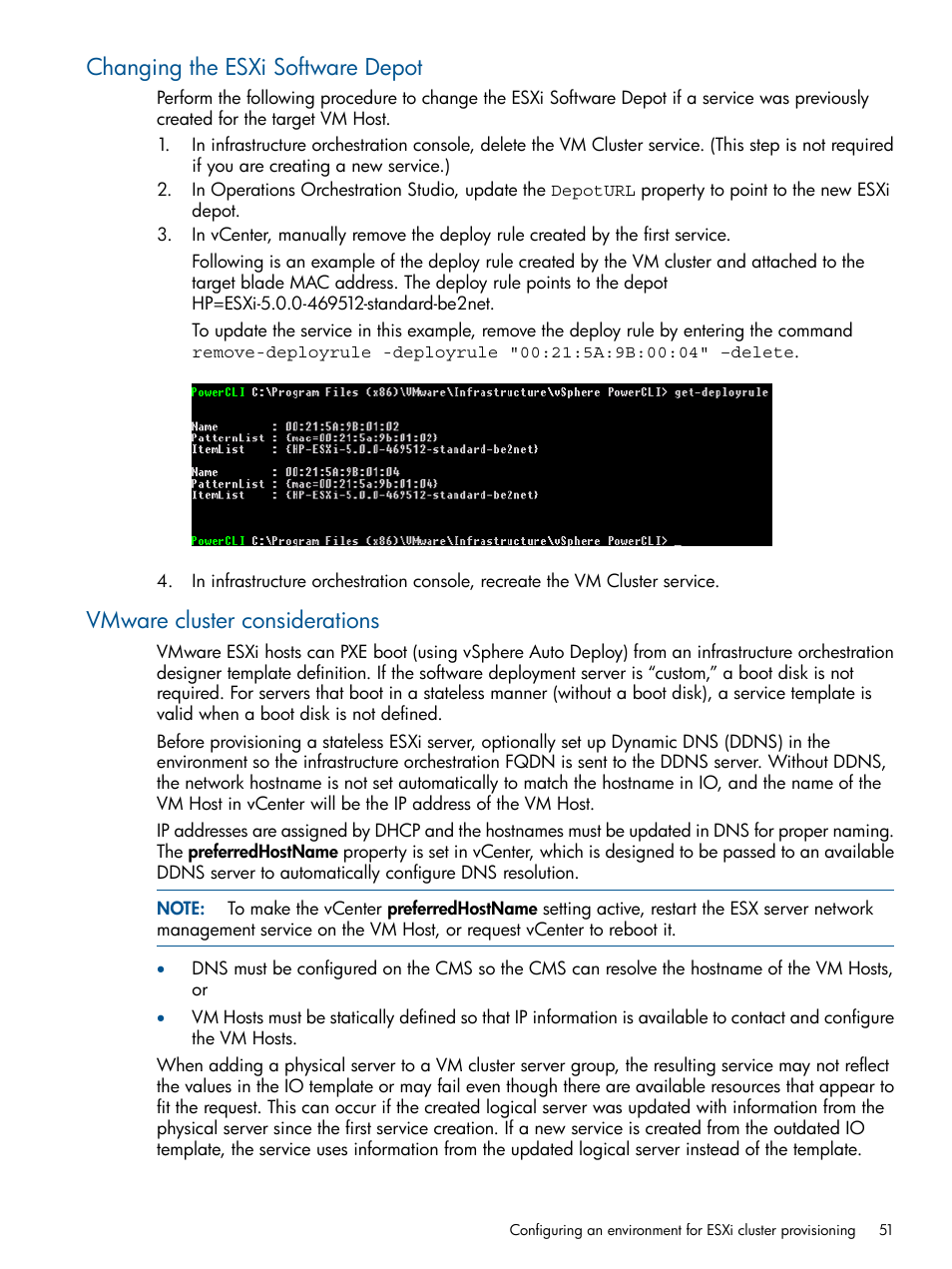 Changing the esxi software depot, Vmware cluster considerations | HP Matrix Operating Environment Software User Manual | Page 51 / 209