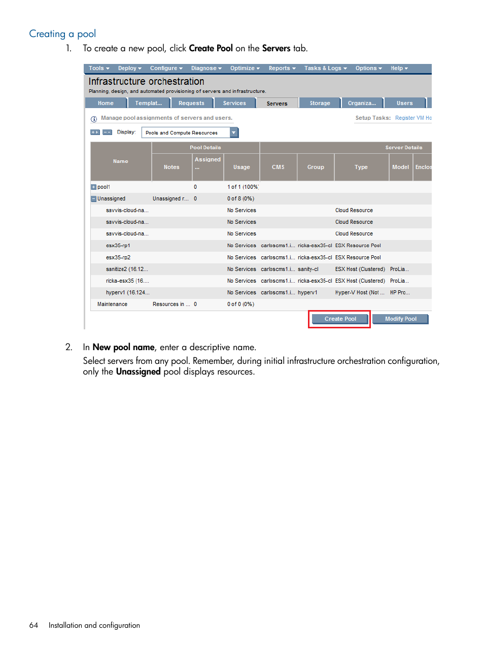 Creating a pool | HP Matrix Operating Environment Software User Manual | Page 64 / 209