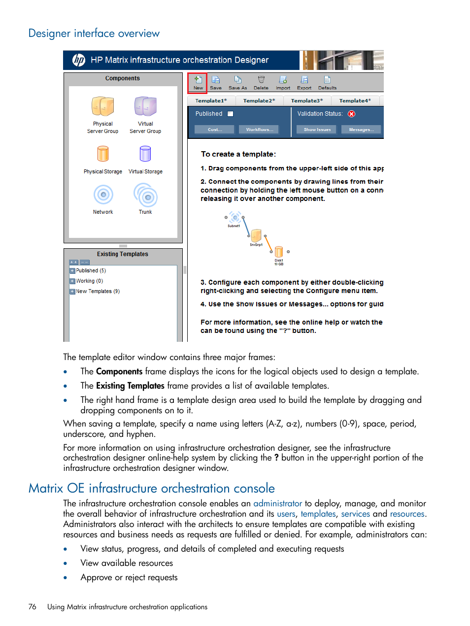 Designer interface overview, Matrix oe infrastructure orchestration console | HP Matrix Operating Environment Software User Manual | Page 76 / 209