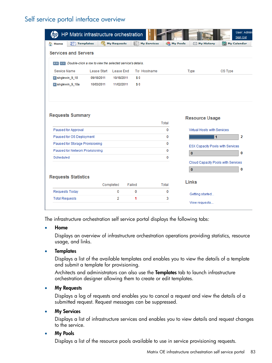 Self service portal interface overview | HP Matrix Operating Environment Software User Manual | Page 83 / 209