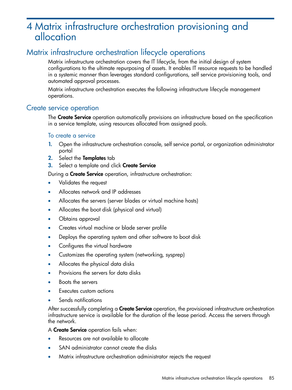Create service operation | HP Matrix Operating Environment Software User Manual | Page 85 / 209