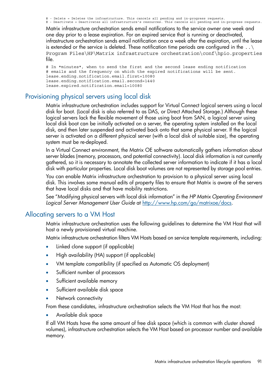 Provisioning physical servers using local disk, Allocating servers to a vm host | HP Matrix Operating Environment Software User Manual | Page 91 / 209