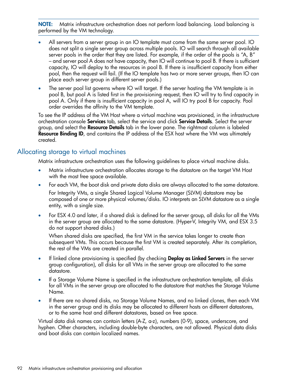 Allocating storage to virtual machines | HP Matrix Operating Environment Software User Manual | Page 92 / 209
