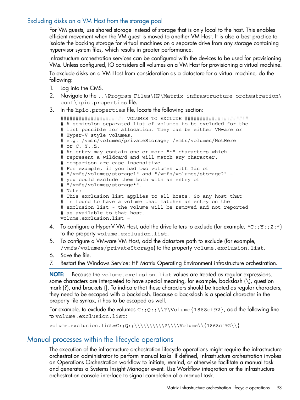 Excluding disks on a vm host from the storage pool, Manual processes within the lifecycle operations | HP Matrix Operating Environment Software User Manual | Page 93 / 209