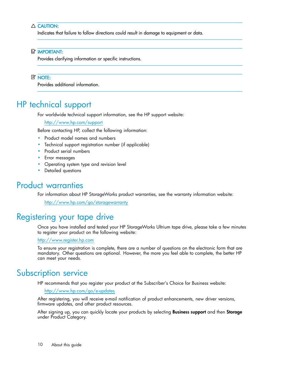 Hp technical support, Product warranties, Registering your tape drive | Subscription service | HP StoreEver Ultrium Tape Drives User Manual | Page 10 / 75