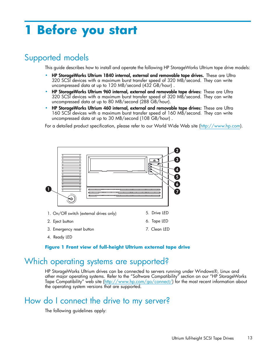 1 before you start, Supported models, Which operating systems are supported | How do i connect the drive to my server | HP StoreEver Ultrium Tape Drives User Manual | Page 13 / 75