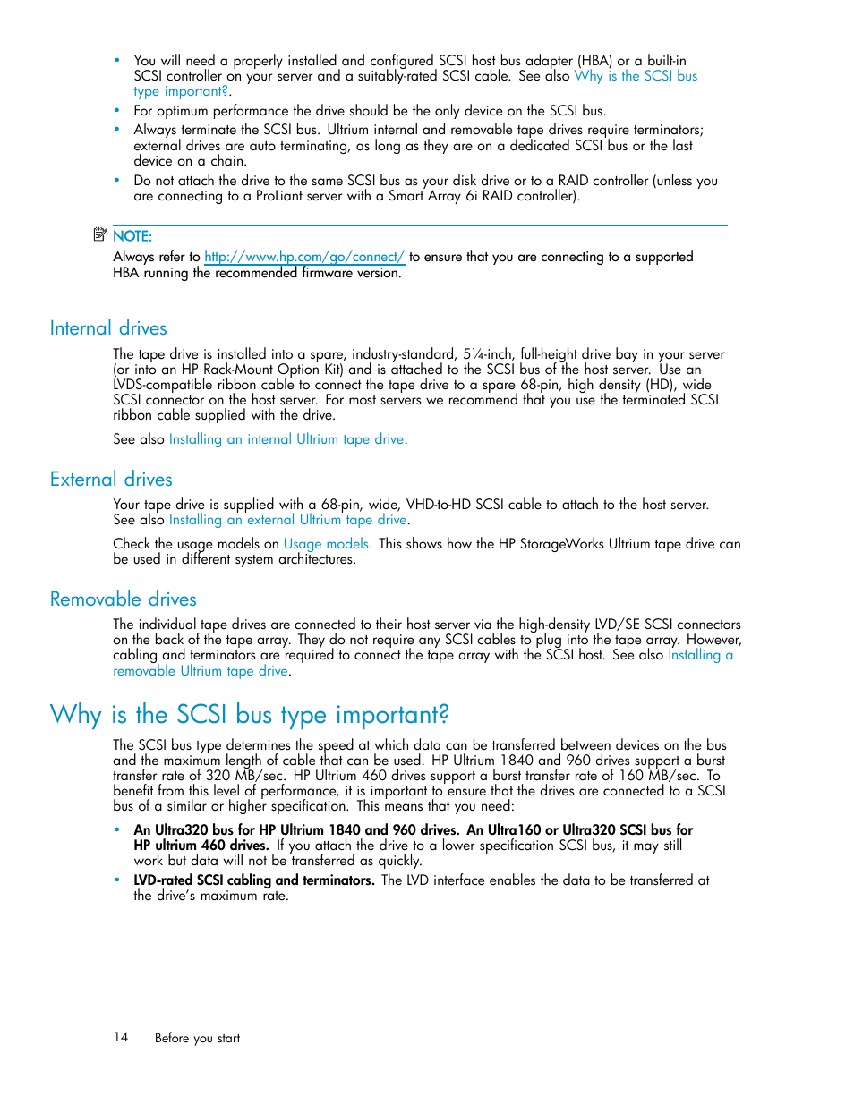 Why is the scsi bus type important, Internal drives, External drives | Removable drives | HP StoreEver Ultrium Tape Drives User Manual | Page 14 / 75