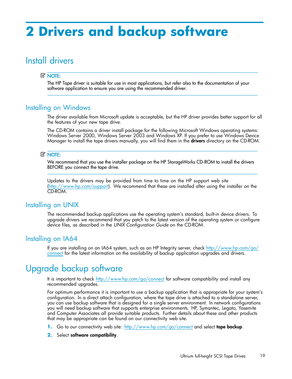 2 drivers and backup software, Install drivers, Upgrade backup software | Installing on windows, Installing on unix, Installing on ia64 | HP StoreEver Ultrium Tape Drives User Manual | Page 19 / 75
