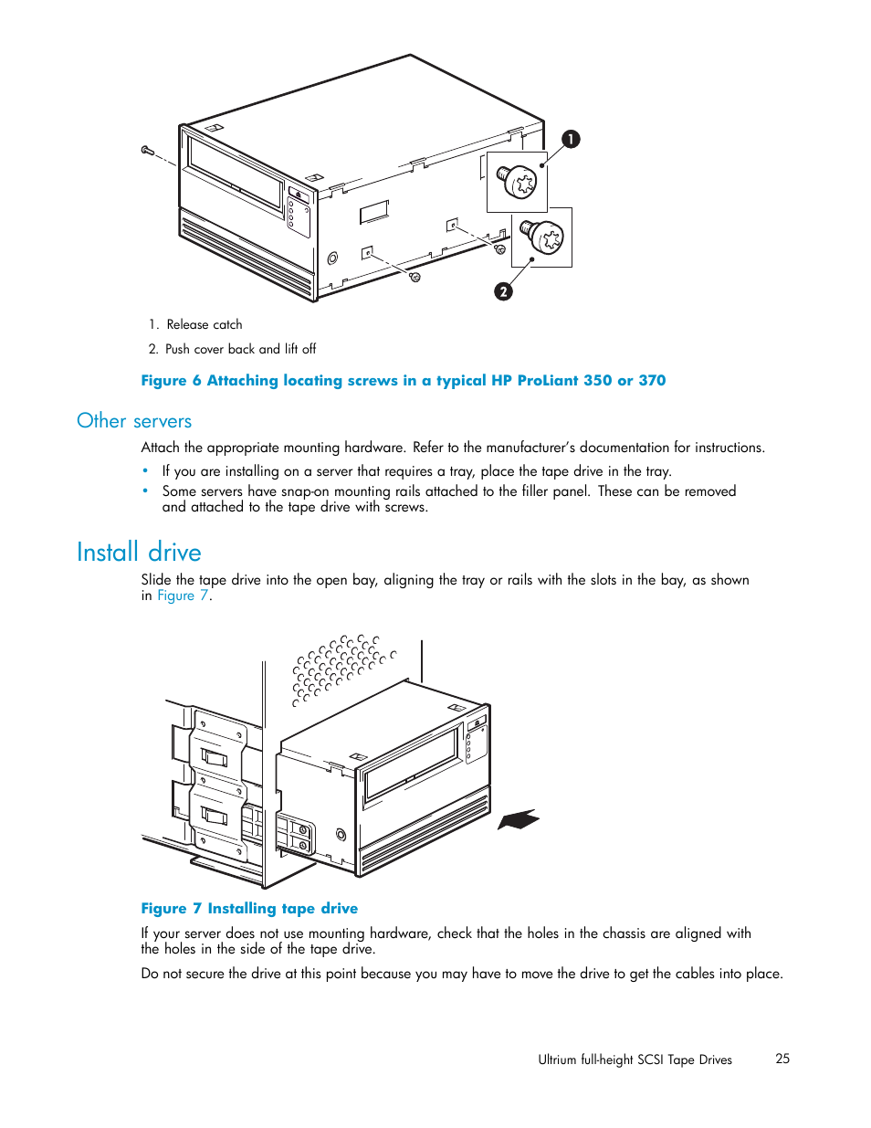 Install drive, Other servers, Installing tape drive | HP StoreEver Ultrium Tape Drives User Manual | Page 25 / 75