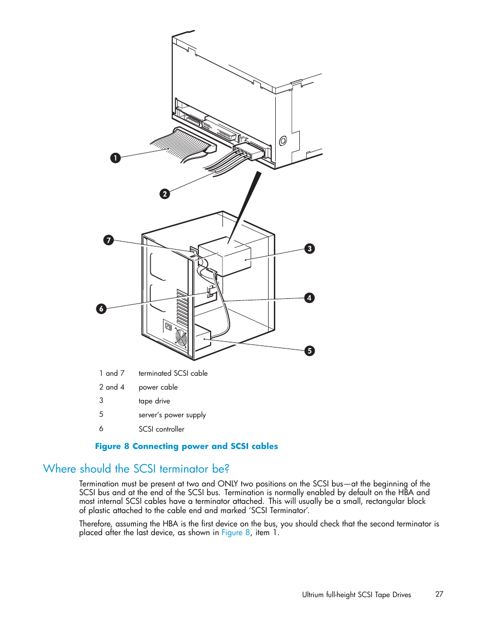 Where should the scsi terminator be, Connecting power and scsi cables, Figure 8 | HP StoreEver Ultrium Tape Drives User Manual | Page 27 / 75