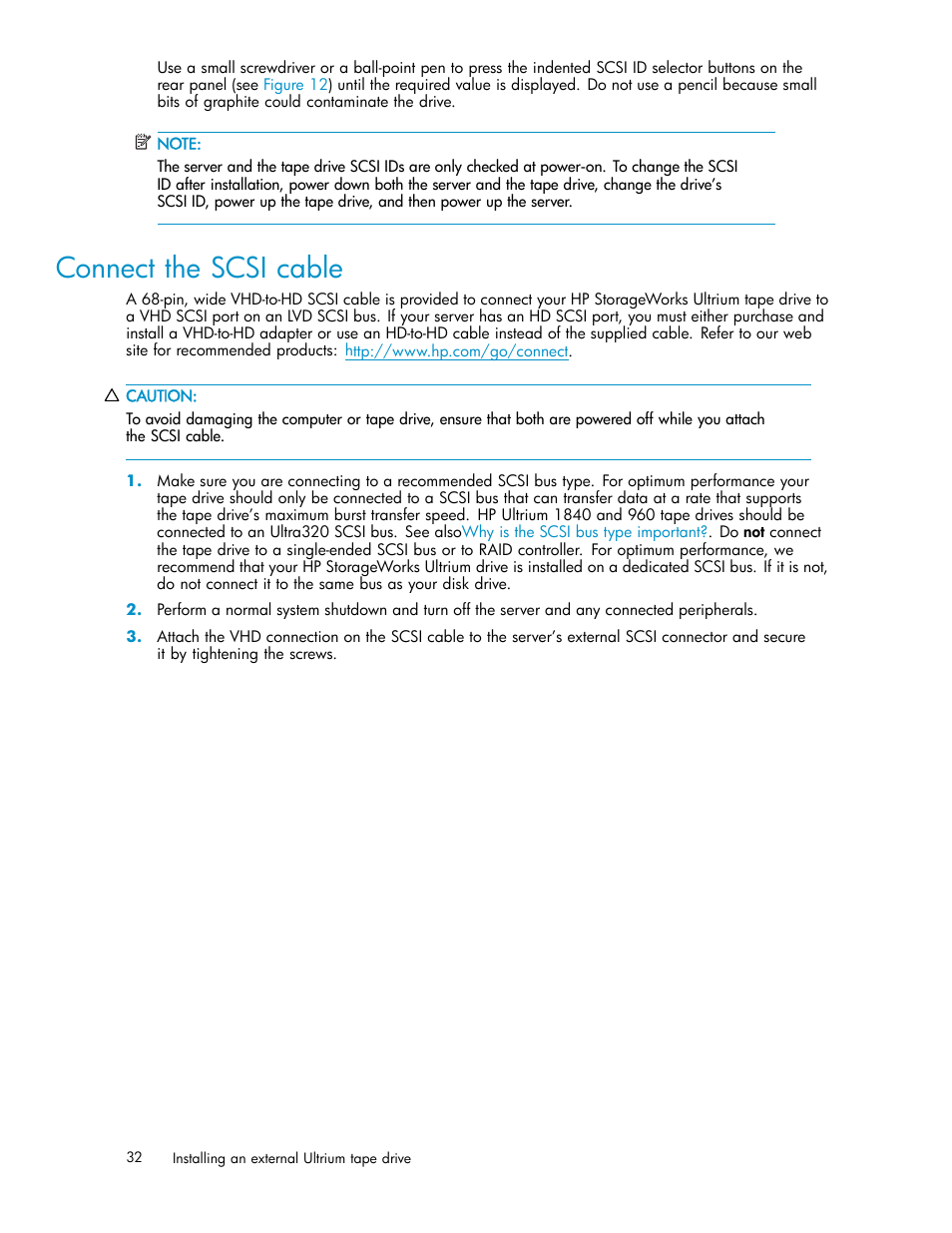 Connect the scsi cable | HP StoreEver Ultrium Tape Drives User Manual | Page 32 / 75