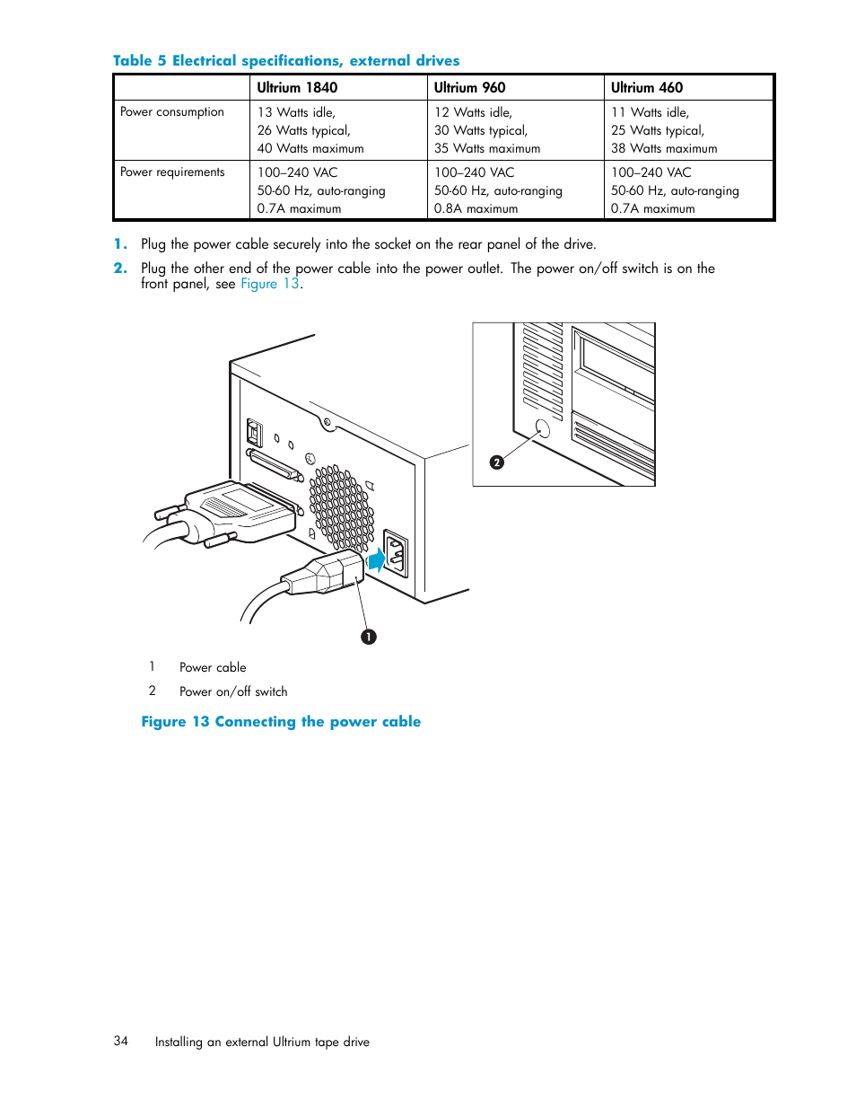 Connecting the power cable, Electrical specifications, external drives | HP StoreEver Ultrium Tape Drives User Manual | Page 34 / 75