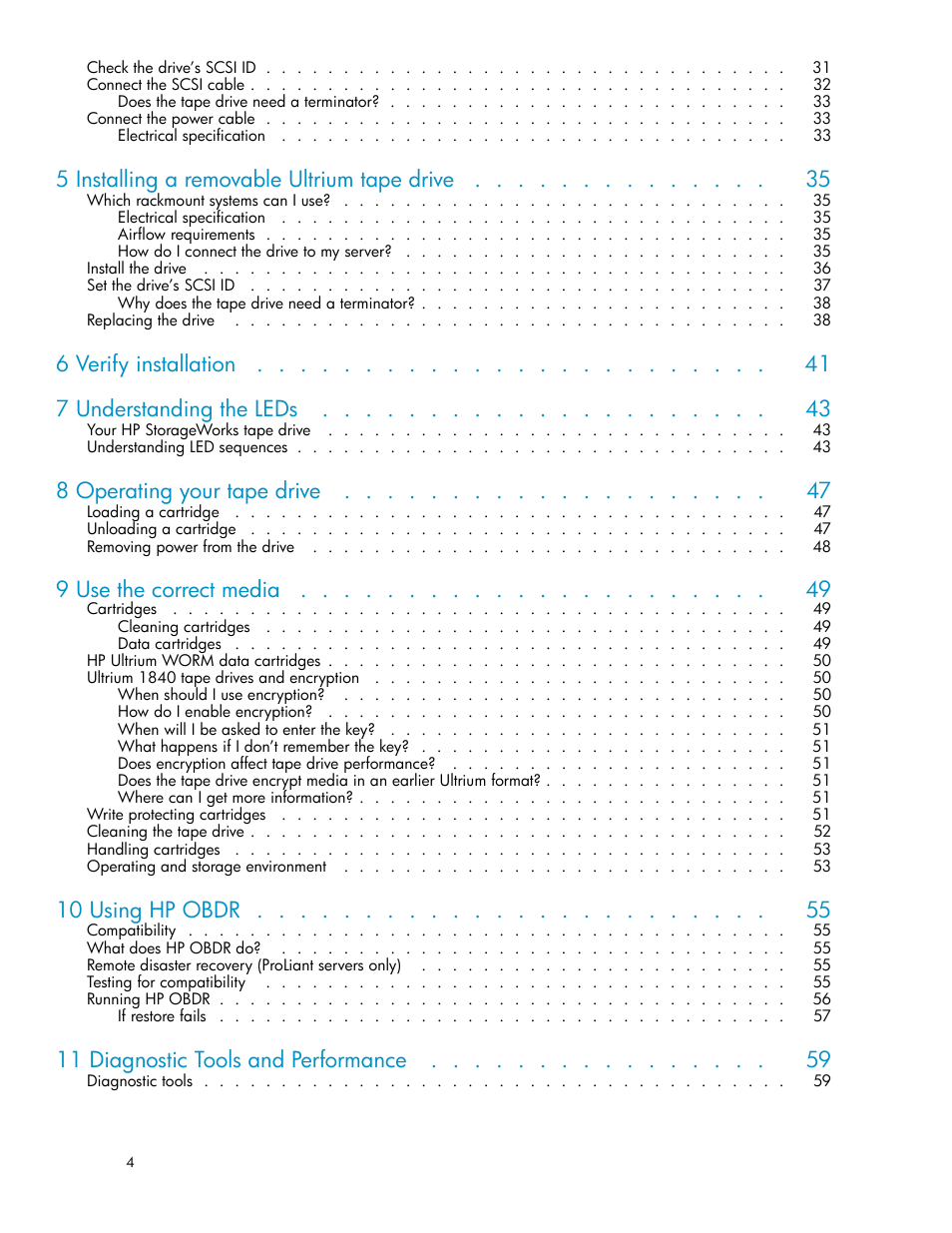 5 installing a removable ultrium tape drive, 6 verify installation 7 understanding the leds, 8 operating your tape drive | 9 use the correct media, 10 using hp obdr, 11 diagnostic tools and performance | HP StoreEver Ultrium Tape Drives User Manual | Page 4 / 75