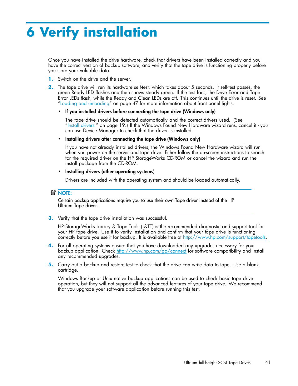 6 verify installation | HP StoreEver Ultrium Tape Drives User Manual | Page 41 / 75