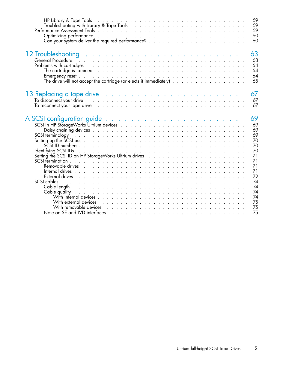 12 troubleshooting, 13 replacing a tape drive, A scsi configuration guide | HP StoreEver Ultrium Tape Drives User Manual | Page 5 / 75