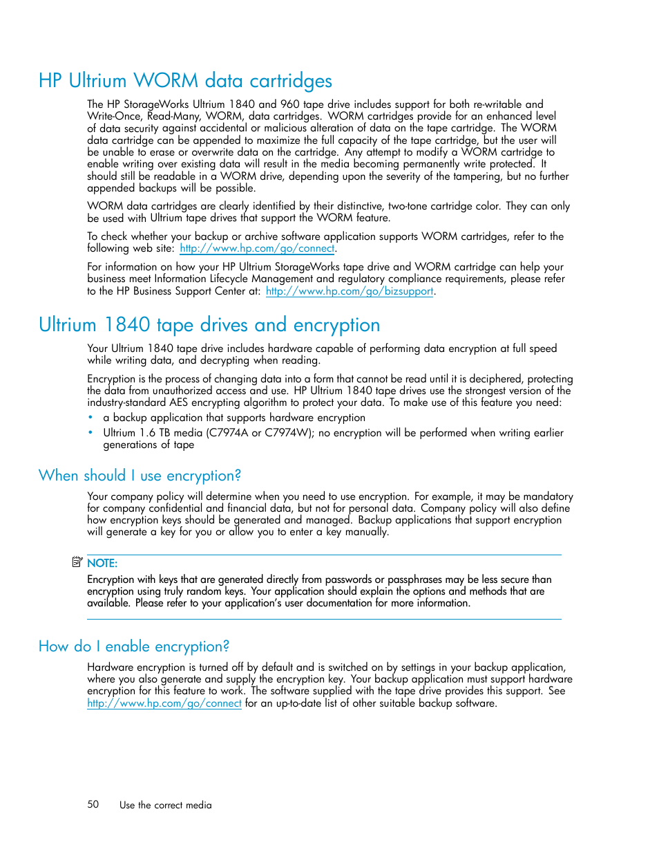 Hp ultrium worm data cartridges, Ultrium 1840 tape drives and encryption, When should i use encryption | How do i enable encryption | HP StoreEver Ultrium Tape Drives User Manual | Page 50 / 75