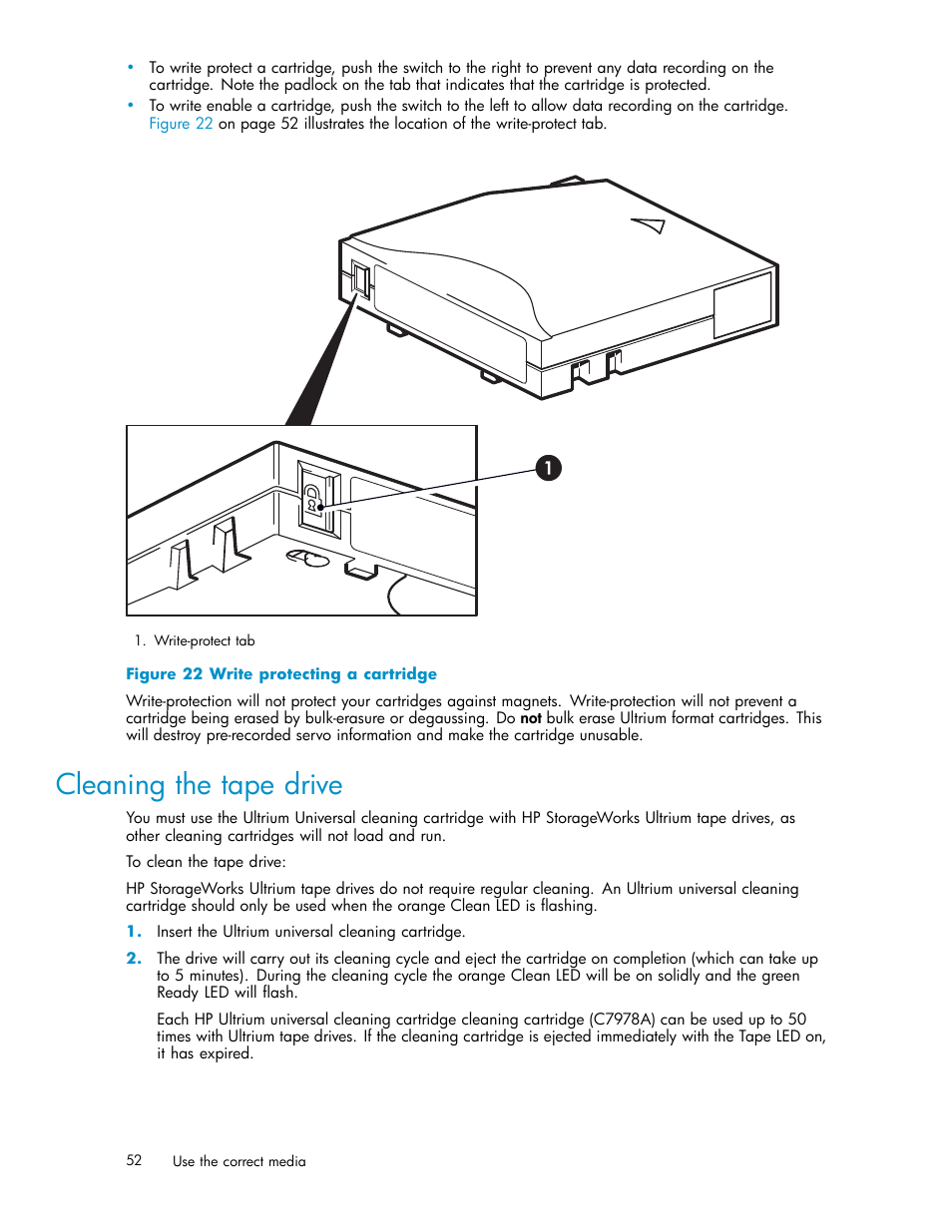 Cleaning the tape drive, Write protecting a cartridge | HP StoreEver Ultrium Tape Drives User Manual | Page 52 / 75