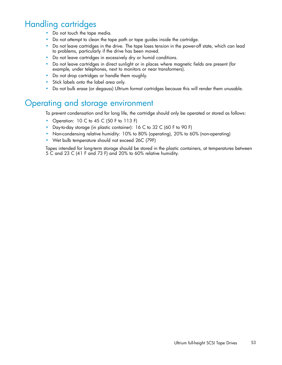 Handling cartridges, Operating and storage environment | HP StoreEver Ultrium Tape Drives User Manual | Page 53 / 75