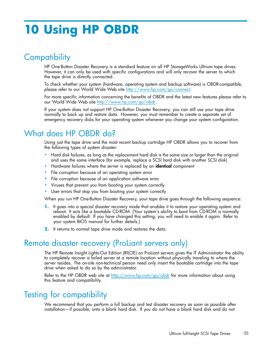 10 using hp obdr, Compatibility, What does hp obdr do | Remote disaster recovery (proliant servers only), Testing for compatibility | HP StoreEver Ultrium Tape Drives User Manual | Page 55 / 75