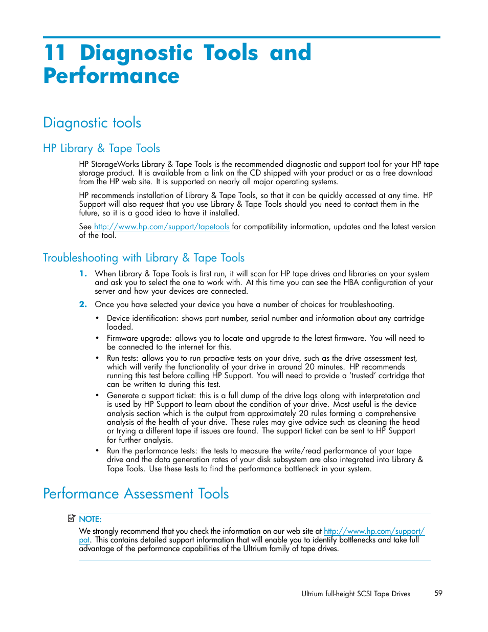 11 diagnostic tools andperformance, Diagnostic tools, Performance assessment tools | 11 diagnostic tools and performance, Hp library & tape tools, Troubleshooting with library & tape tools | HP StoreEver Ultrium Tape Drives User Manual | Page 59 / 75