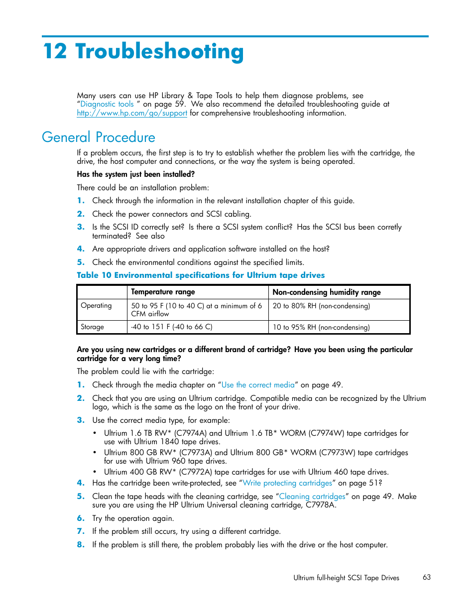 12 troubleshooting, General procedure | HP StoreEver Ultrium Tape Drives User Manual | Page 63 / 75