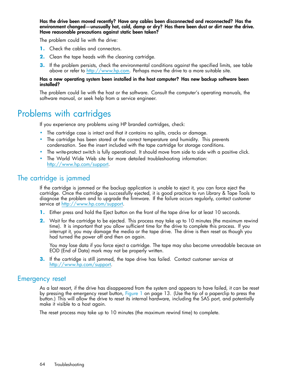 Problems with cartridges, Emergency reset, The cartridge is jammed | HP StoreEver Ultrium Tape Drives User Manual | Page 64 / 75