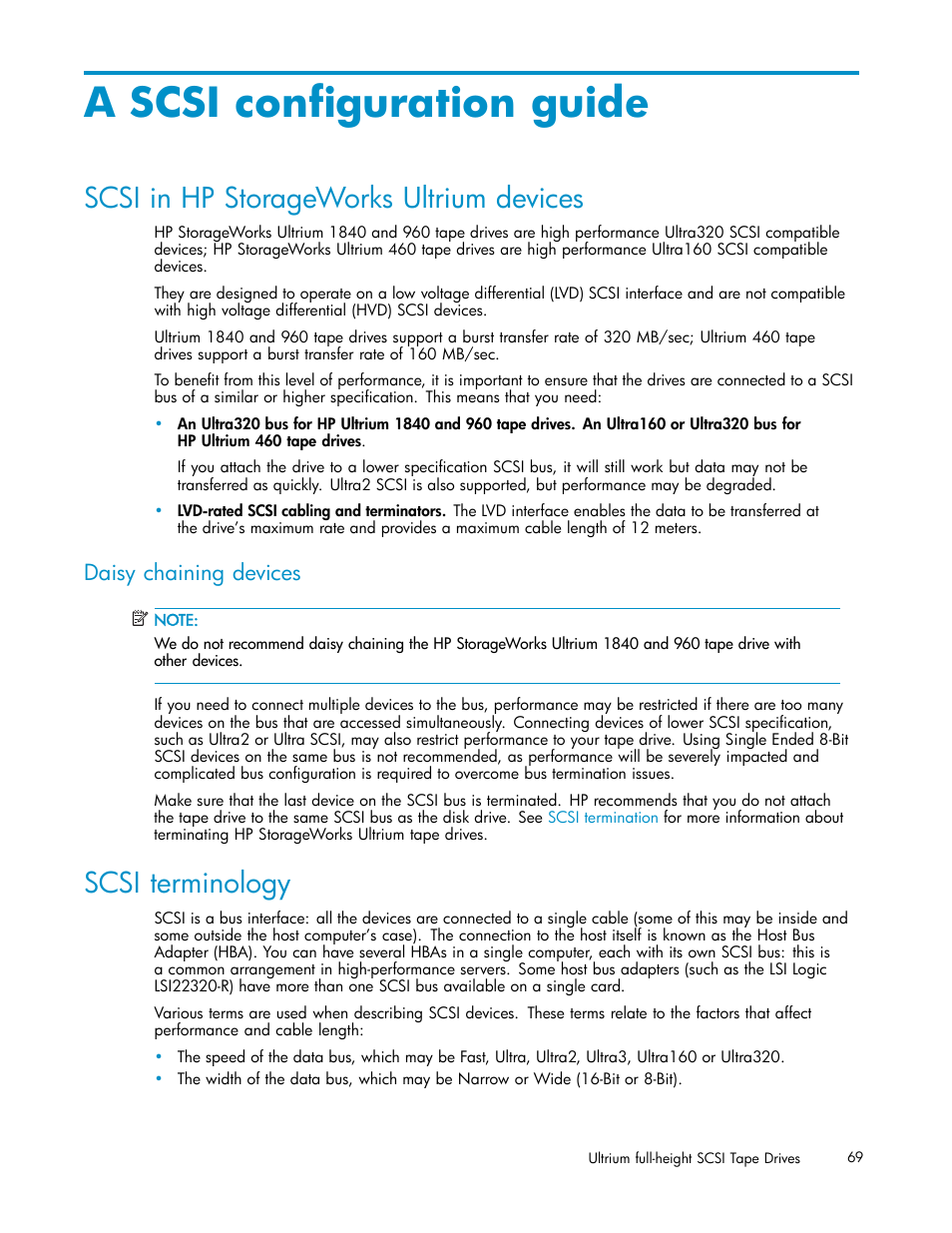 A scsi configuration guide, Scsi in hp storageworks ultrium devices, Scsi terminology | Daisy chaining devices | HP StoreEver Ultrium Tape Drives User Manual | Page 69 / 75
