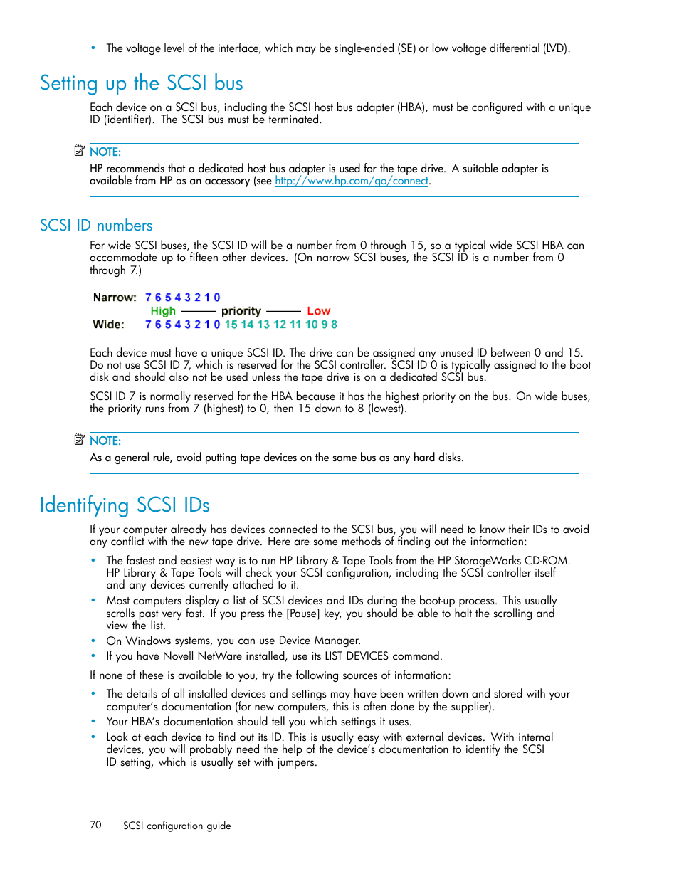 Setting up the scsi bus, Identifying scsi ids, Scsi id numbers | HP StoreEver Ultrium Tape Drives User Manual | Page 70 / 75