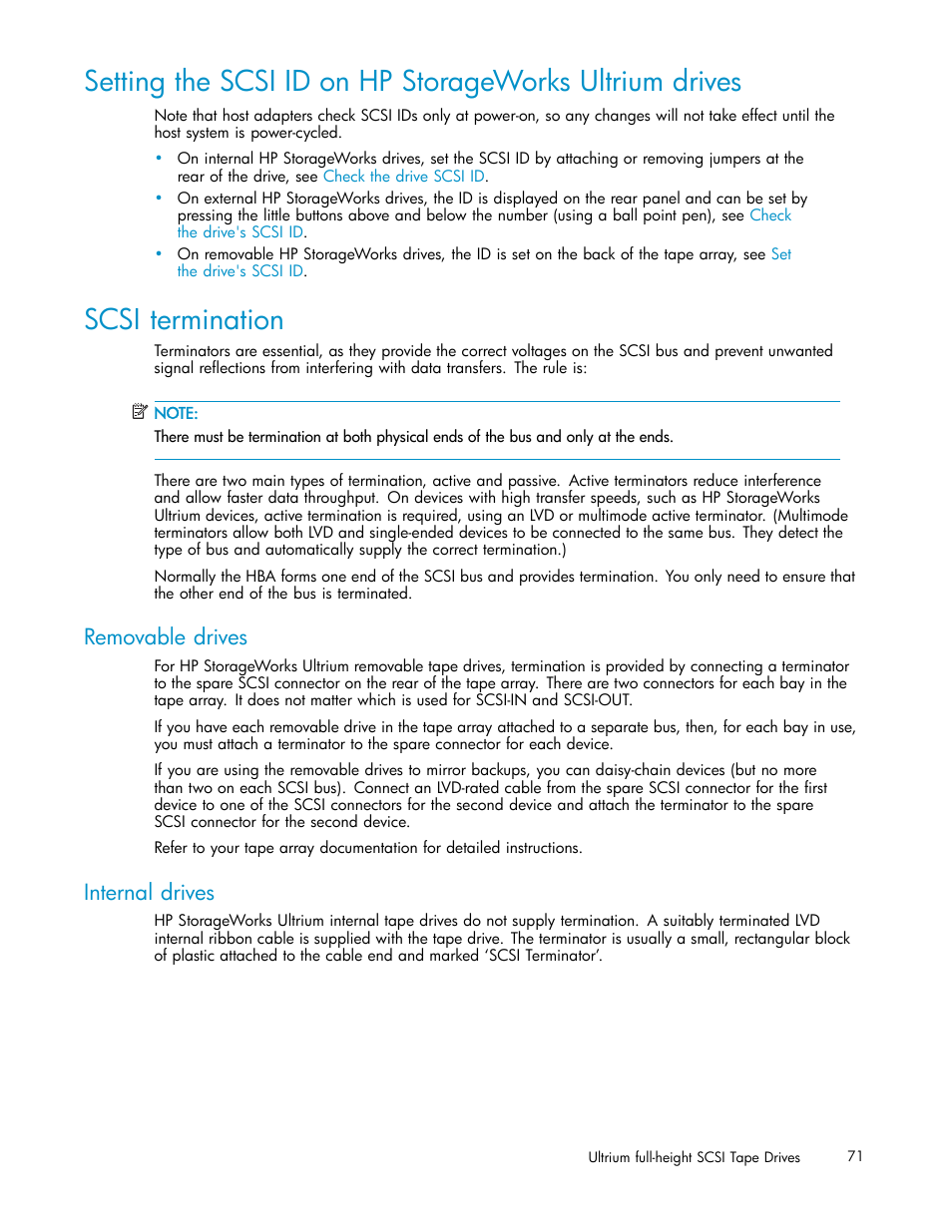 Scsi termination, Removable drives, Internal drives | HP StoreEver Ultrium Tape Drives User Manual | Page 71 / 75