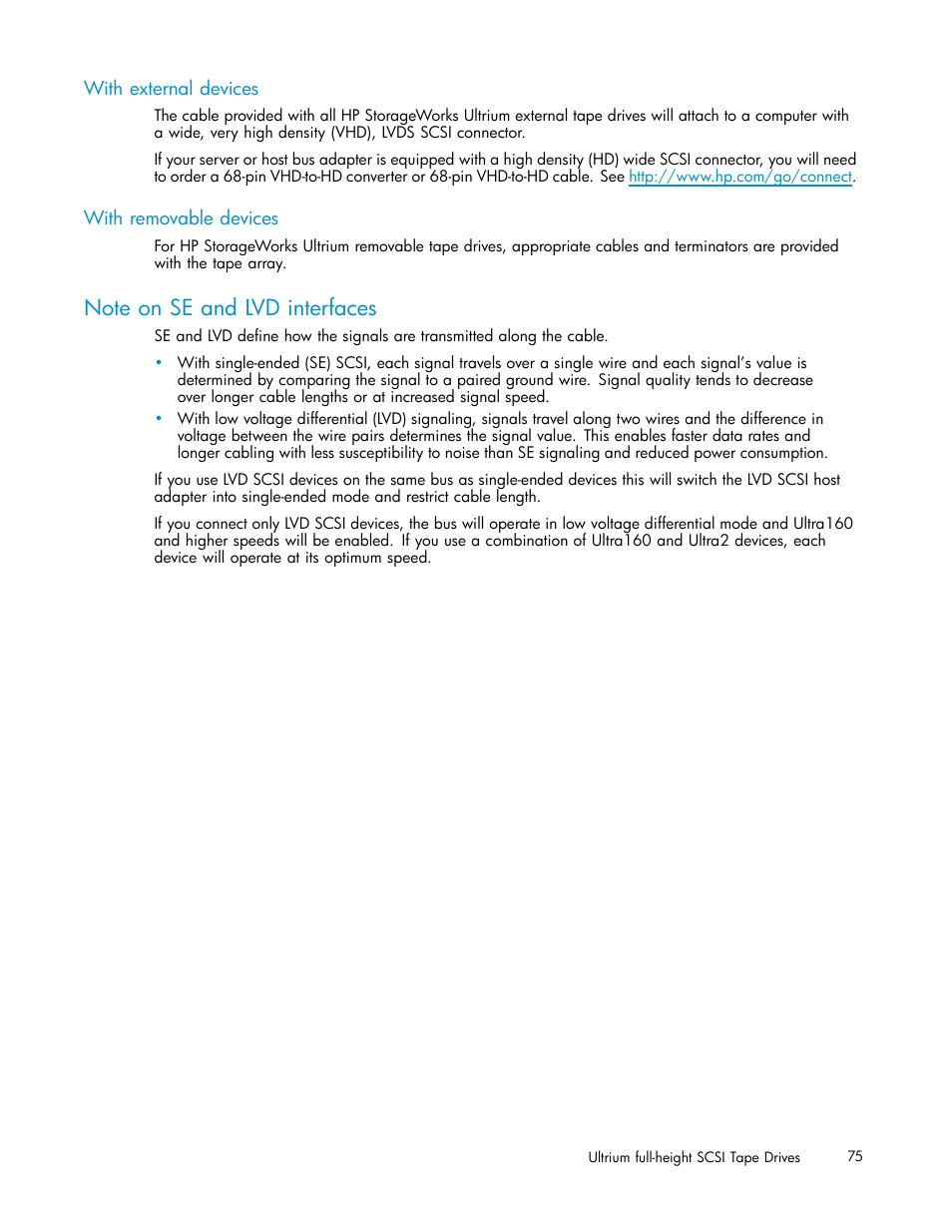 With external devices, With removable devices, Note on se and lvd interfaces | HP StoreEver Ultrium Tape Drives User Manual | Page 75 / 75