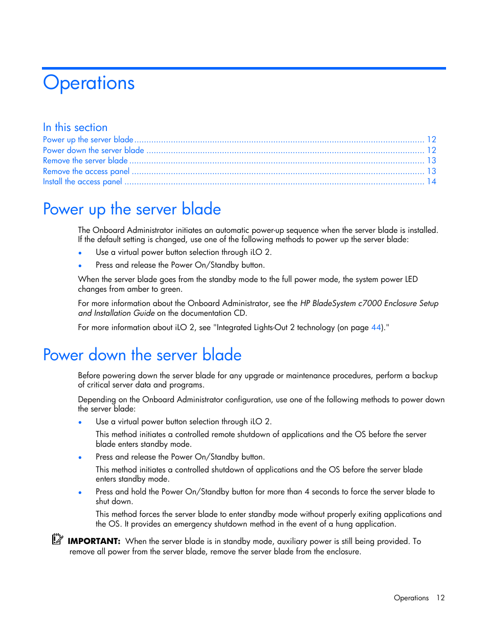 Operations, Power up the server blade, Power down the server blade | HP ProLiant BL465c Server Blade User Manual | Page 12 / 87