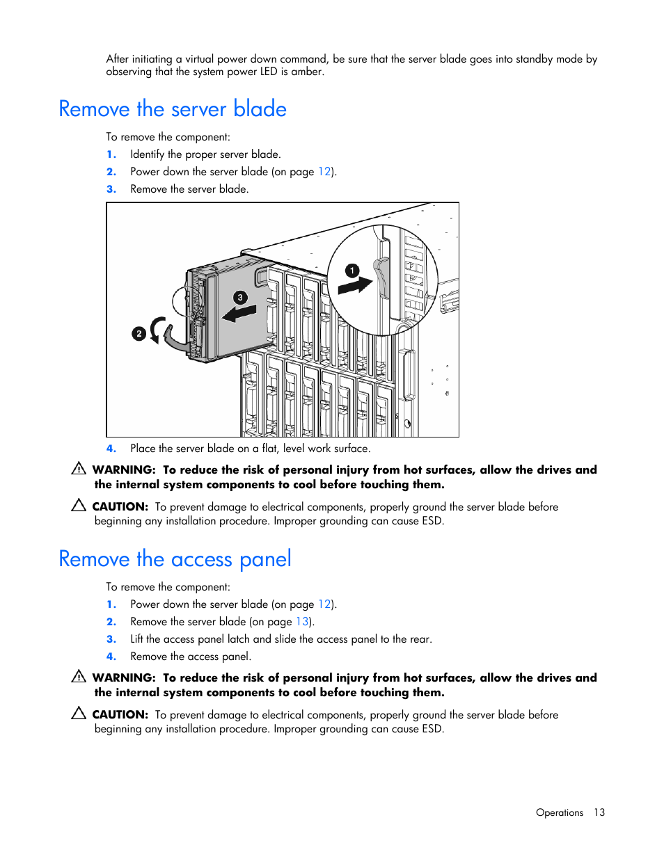 Remove the server blade, Remove the access panel | HP ProLiant BL465c Server Blade User Manual | Page 13 / 87
