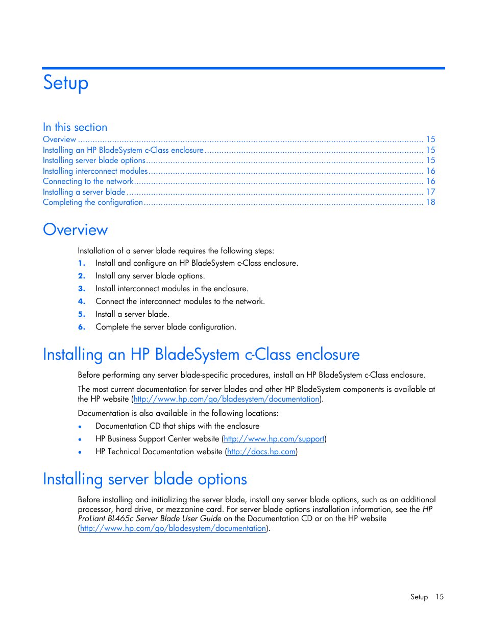 Setup, Overview, Installing an hp bladesystem c-class enclosure | Installing server blade options | HP ProLiant BL465c Server Blade User Manual | Page 15 / 87