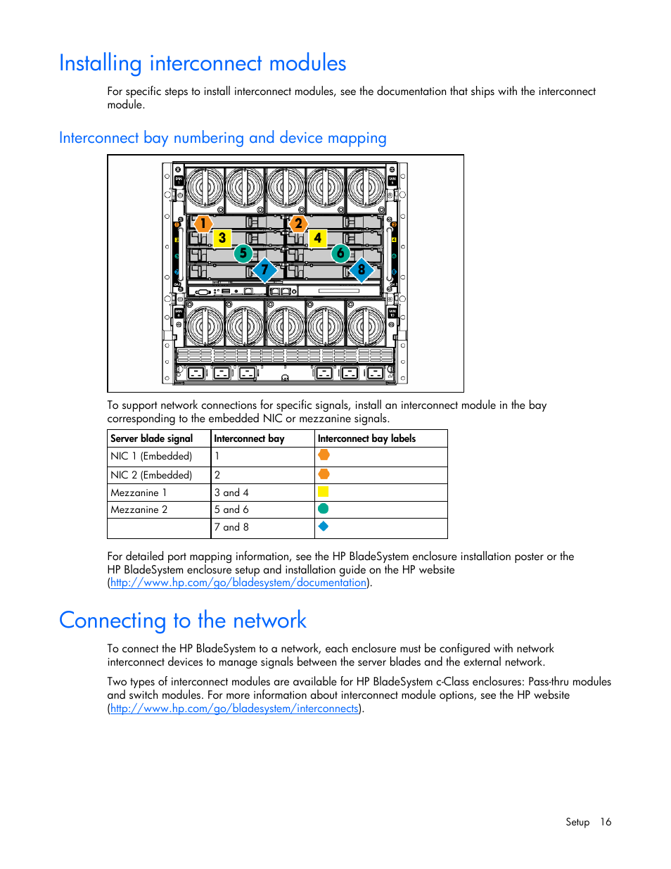Installing interconnect modules, Interconnect bay numbering and device mapping, Connecting to the network | HP ProLiant BL465c Server Blade User Manual | Page 16 / 87