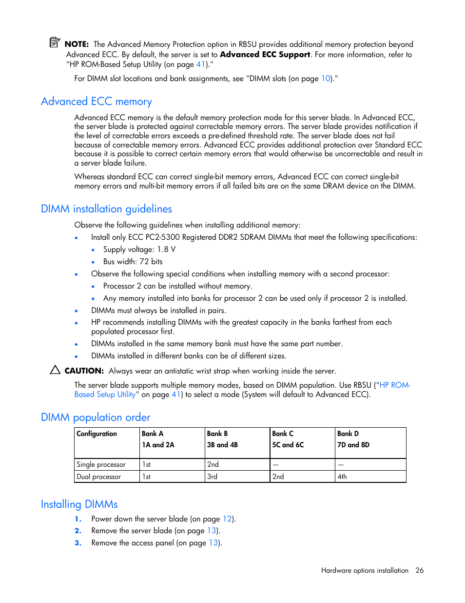 Advanced ecc memory, Dimm installation guidelines, Dimm population order | Installing dimms | HP ProLiant BL465c Server Blade User Manual | Page 26 / 87