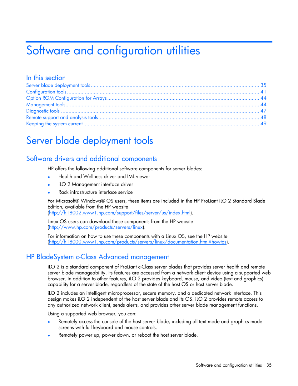 Software and configuration utilities, Server blade deployment tools, Software drivers and additional components | Hp bladesystem c-class advanced management | HP ProLiant BL465c Server Blade User Manual | Page 35 / 87