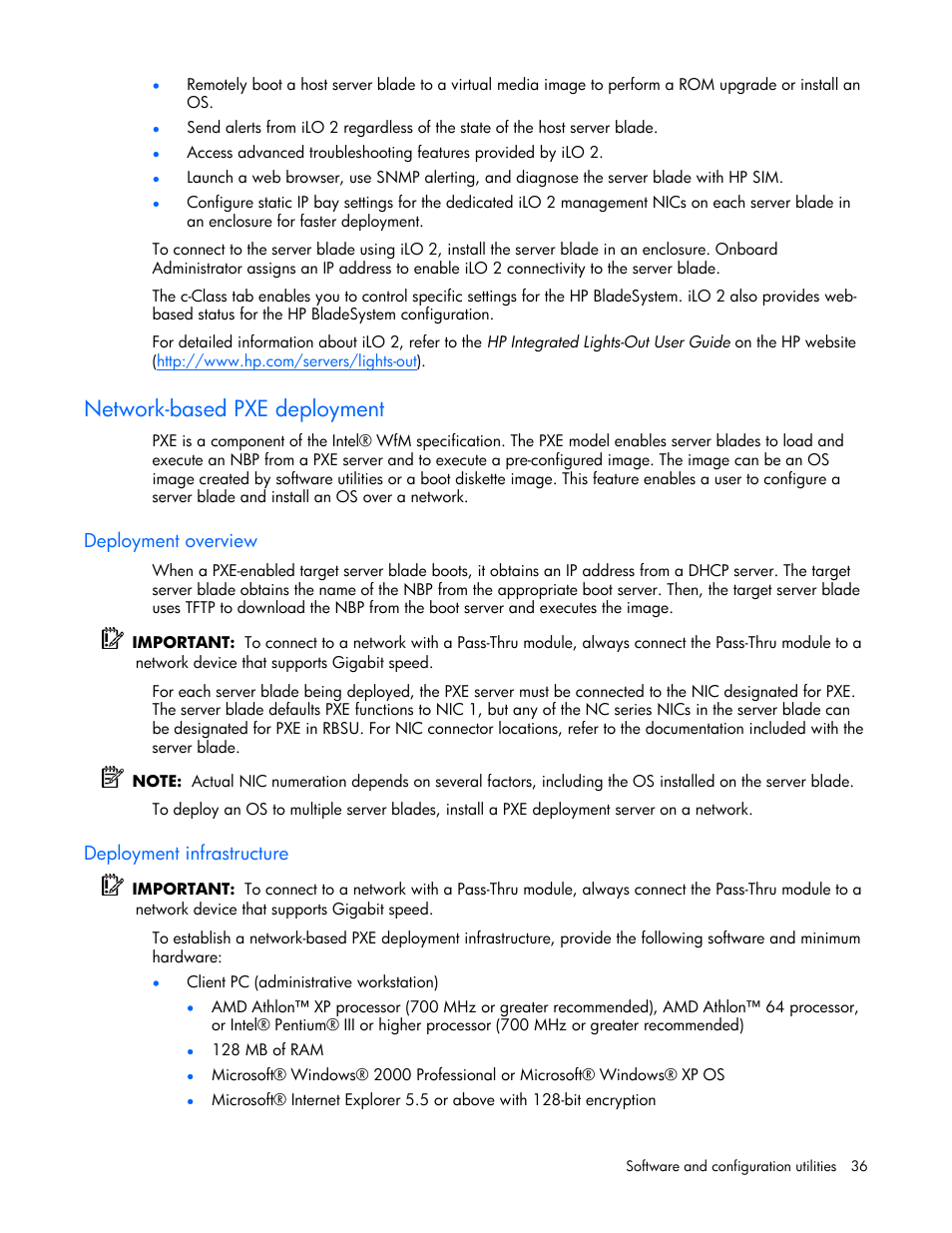 Network-based pxe deployment, Deployment overview, Deployment infrastructure | HP ProLiant BL465c Server Blade User Manual | Page 36 / 87