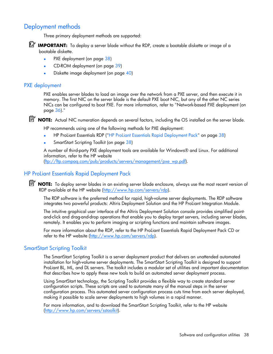 Deployment methods, Pxe deployment, Hp proliant essentials rapid deployment pack | Smartstart scripting toolkit | HP ProLiant BL465c Server Blade User Manual | Page 38 / 87