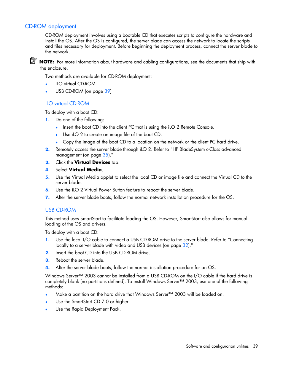 Cd-rom deployment | HP ProLiant BL465c Server Blade User Manual | Page 39 / 87