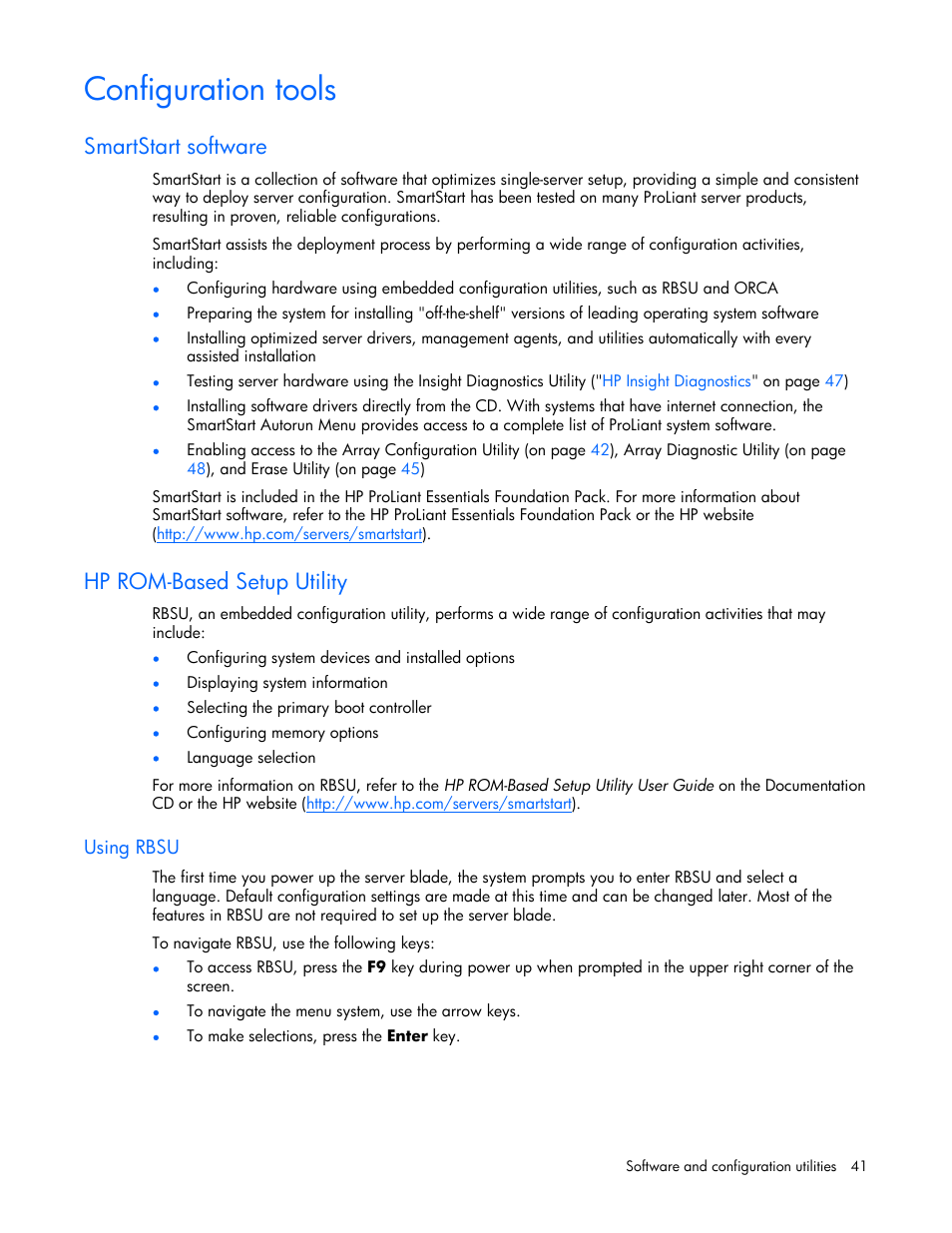 Configuration tools, Smartstart software, Hp rom-based setup utility | Using rbsu, Lation. use rbsu, Hp rom, Based setup utility, To selec | HP ProLiant BL465c Server Blade User Manual | Page 41 / 87