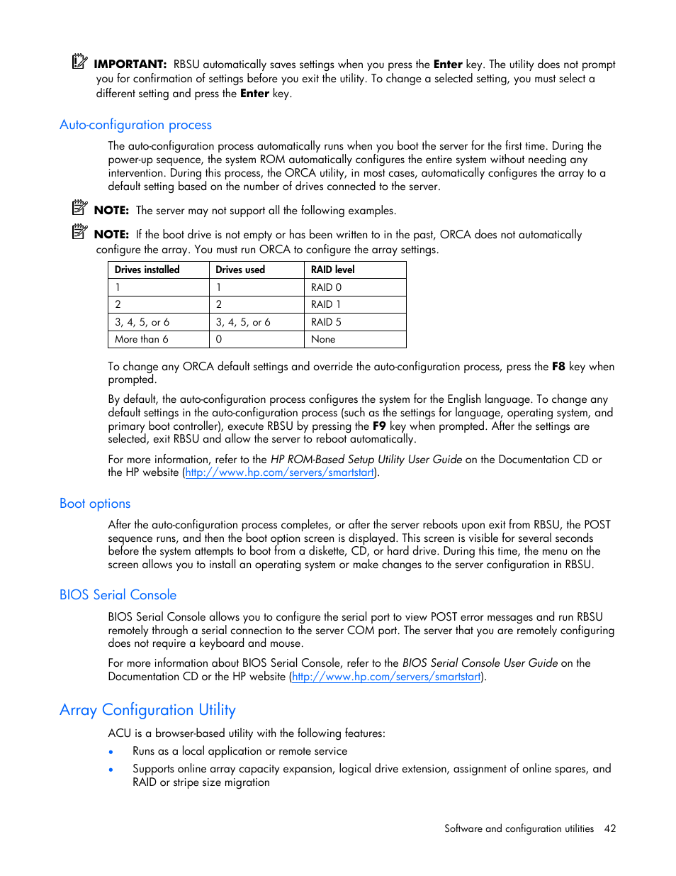Auto-configuration process, Boot options, Bios serial console | Array configuration utility | HP ProLiant BL465c Server Blade User Manual | Page 42 / 87