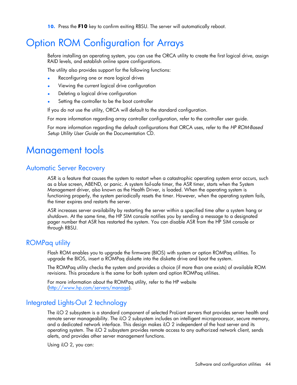 Option rom configuration for arrays, Management tools, Automatic server recovery | Rompaq utility, Integrated lights-out 2 technology | HP ProLiant BL465c Server Blade User Manual | Page 44 / 87