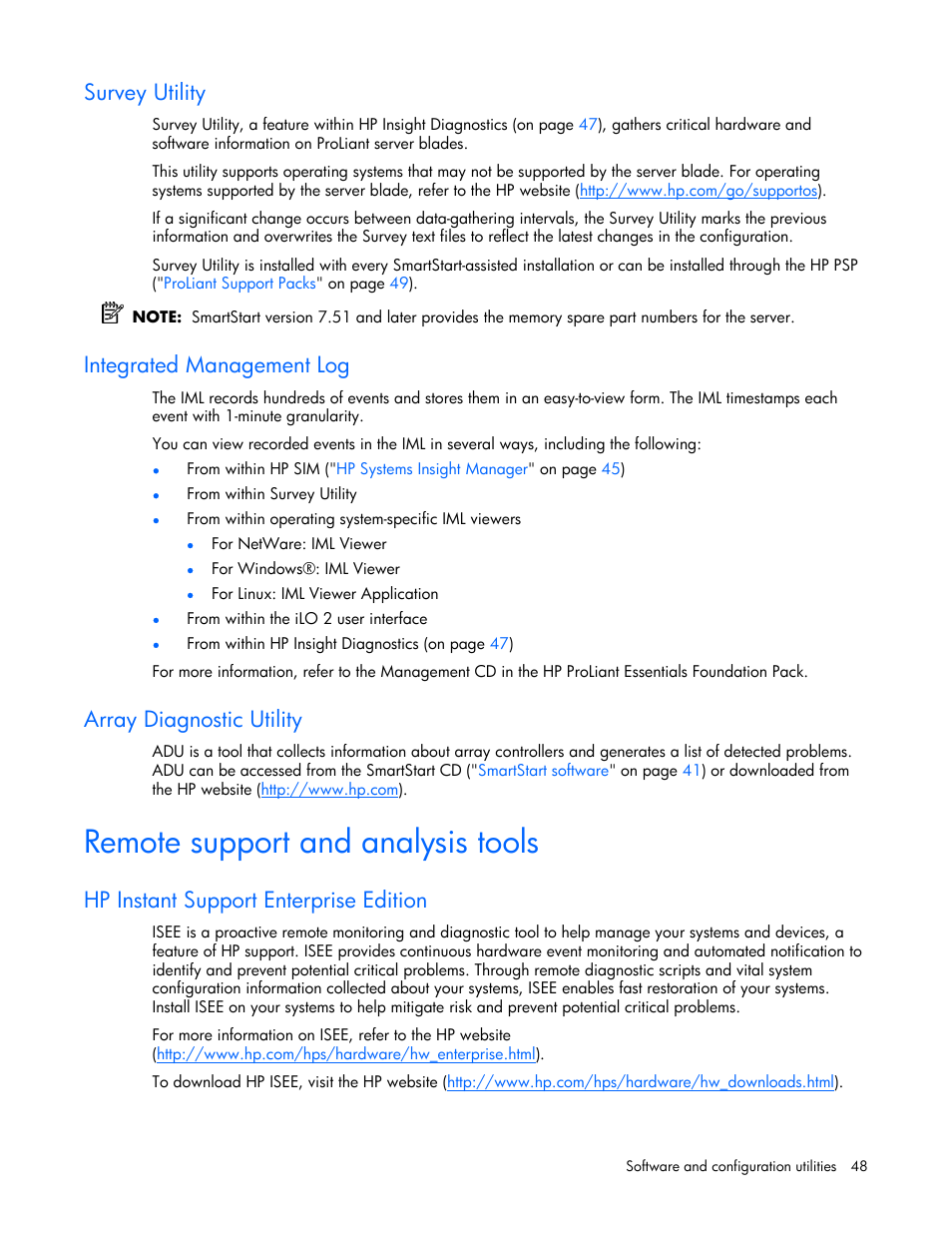 Survey utility, Integrated management log, Array diagnostic utility | Remote support and analysis tools, Hp instant support enterprise edition | HP ProLiant BL465c Server Blade User Manual | Page 48 / 87