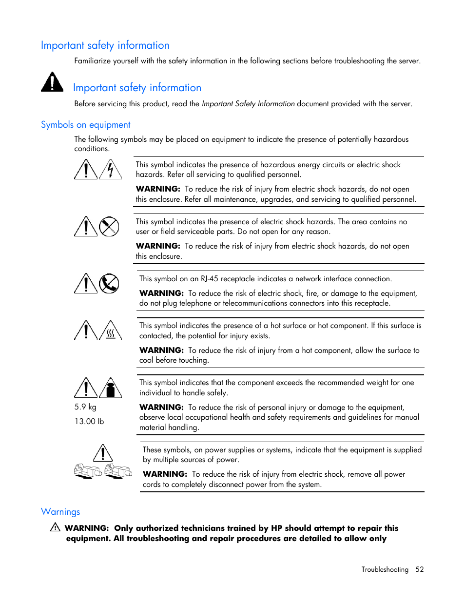 Important safety information, Symbols on equipment, Warnings | HP ProLiant BL465c Server Blade User Manual | Page 52 / 87