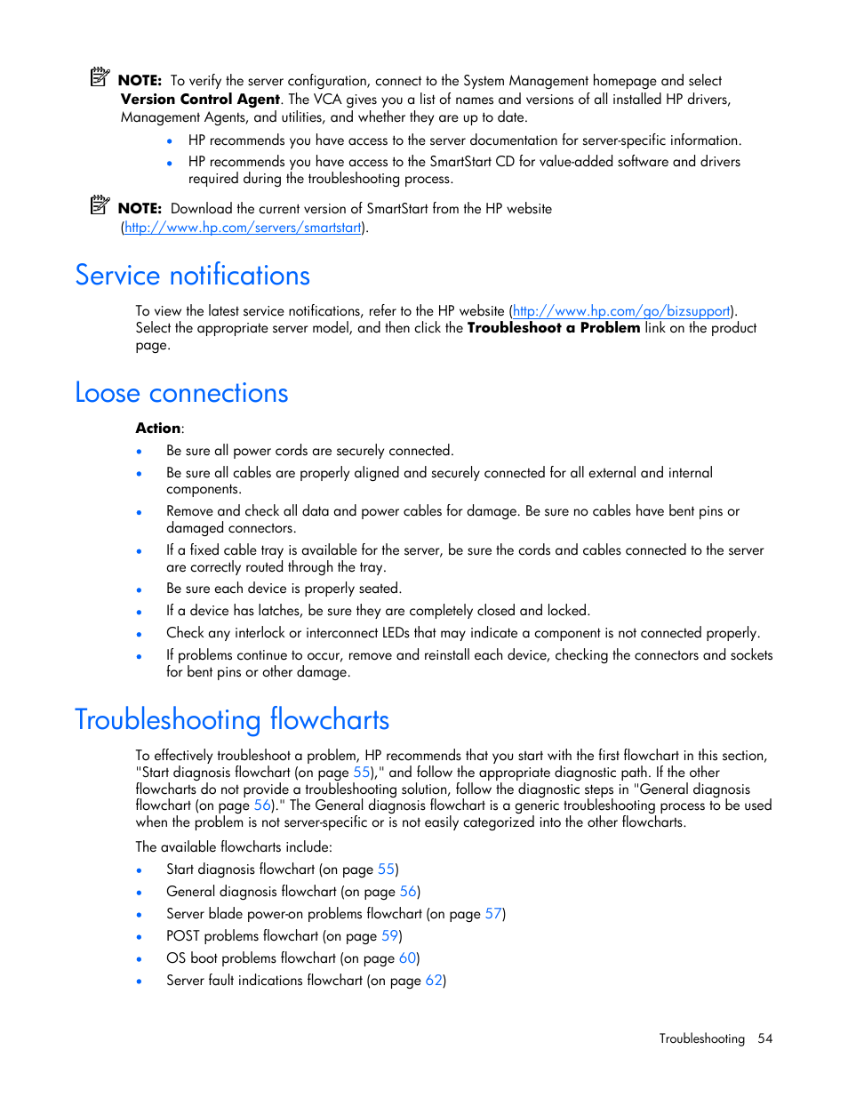 Service notifications, Loose connections, Troubleshooting flowcharts | HP ProLiant BL465c Server Blade User Manual | Page 54 / 87