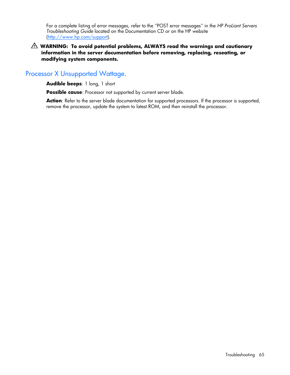 Processor x unsupported wattage | HP ProLiant BL465c Server Blade User Manual | Page 65 / 87