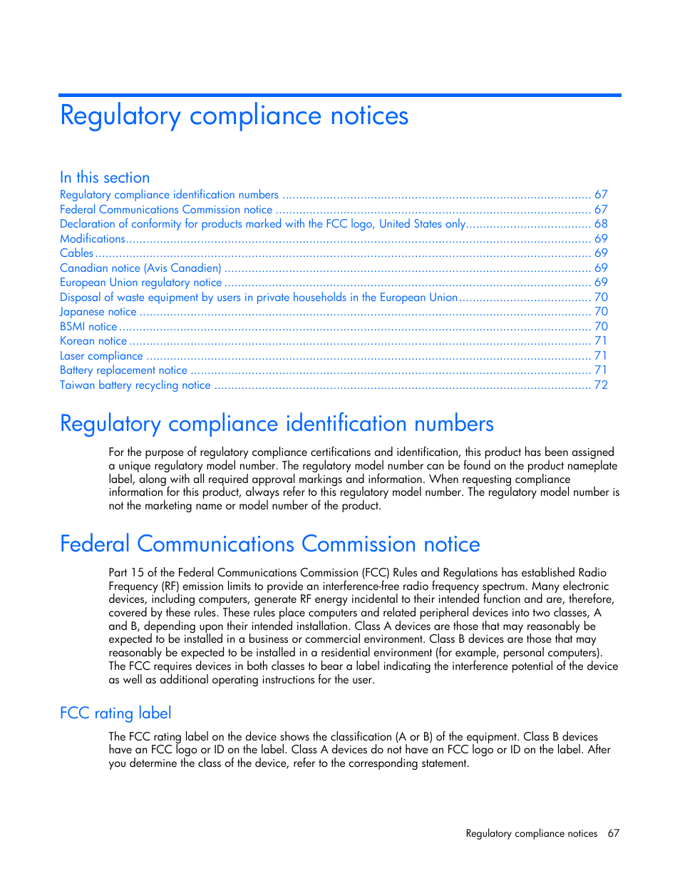 Regulatory compliance notices, Regulatory compliance identification numbers, Federal communications commission notice | Fcc rating label | HP ProLiant BL465c Server Blade User Manual | Page 67 / 87